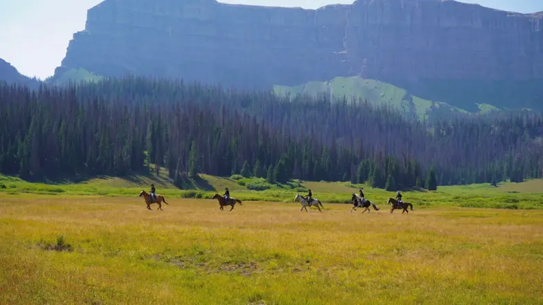 Group of horseback riders crossing an open meadow with pine forests and towering mountain cliffs in the background.