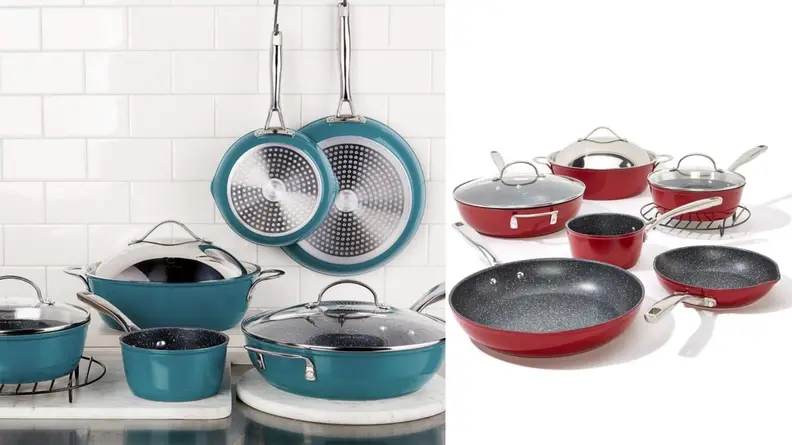 Cookware set in blue in tiled kitchen next to cookware set with pots and pans in red