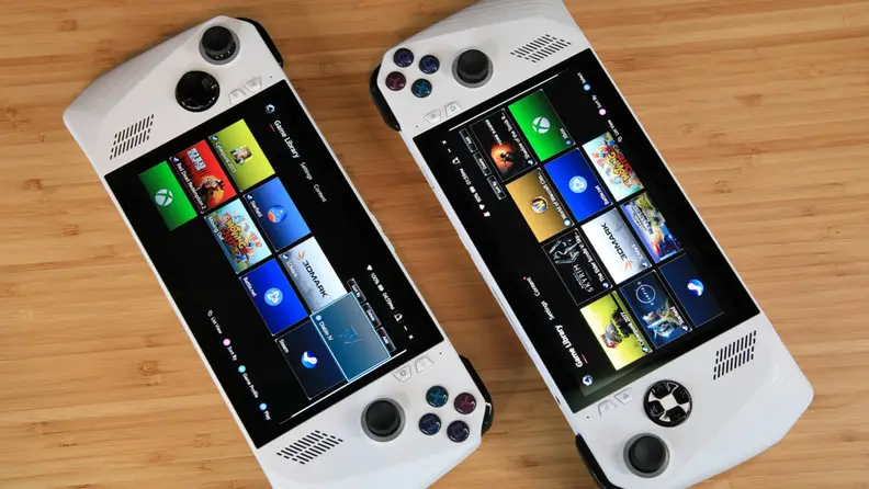 The The Asus ROG Ally Z1 and ROG Ally Z1 Extreme handheld gaming PC's, side-by-side, featuring the menu on the screens.