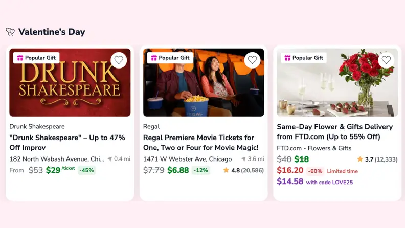 A screenshot of a Groupon Valentine's Day deals page featuring discounted experiences and gifts. The offers include tickets to 