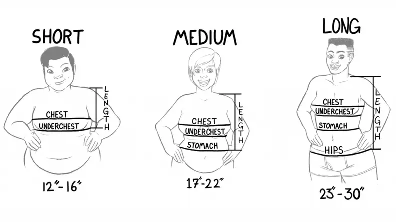 A black and white graphic showing different body sizes and shapes' measurements.