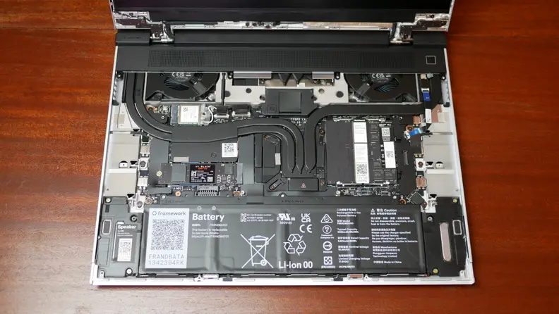 The underside of the Framework Laptop 16 showing the internals