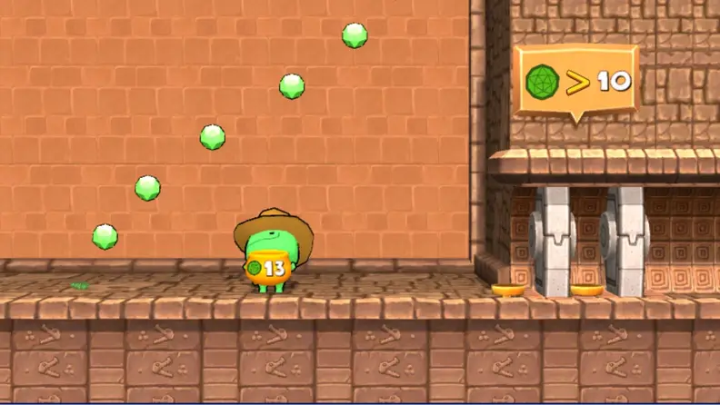 A small green character collects green gemstones in a basket