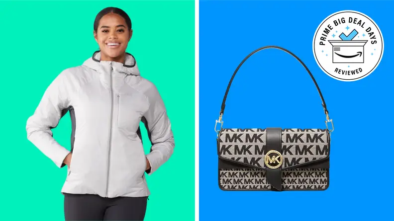 An REI Co-op jacket and a Michael Kors purse with the Prime Big Deal Days Reviewed badge in front of colored backgrounds.