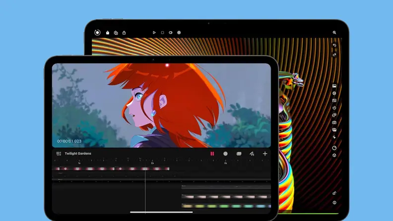 Two iPad Pros with different displays, one with a female anime character and another with a screensaver, in front of a blue background.