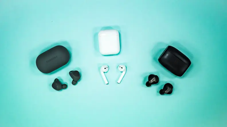 True wireless earbuds all come with two individual buds—no wires between them—and a charging case.