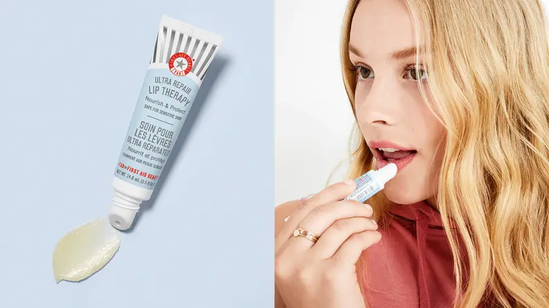 On the left: A blue squeeze tube of lip balm. On the right: A person with long blond hair applying lip balm to their lips.