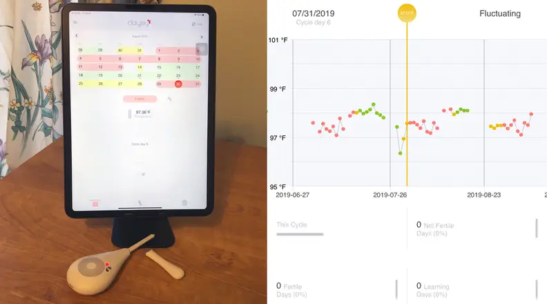 Daysy next to a tablet with DaysyView open, and a screenshot of temperature chart in DaysyView