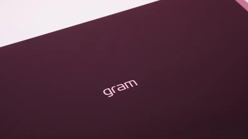 A close-up of the LG gram Pro 17 laptop's lid with a Gram logo.