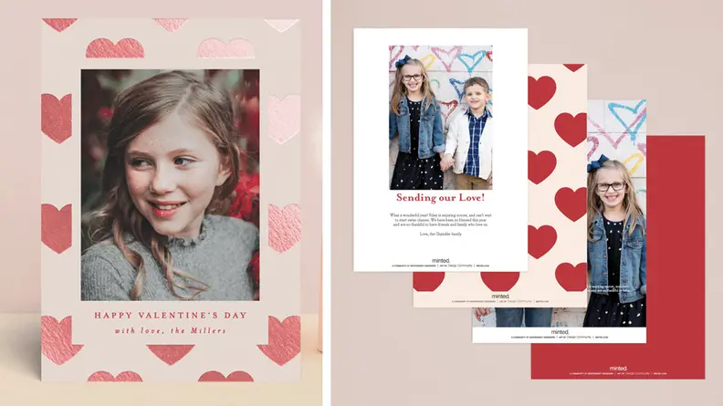 Two images offer several examples of customizable Valentine's Day cards. The largest features a photo of a child. It reads, 