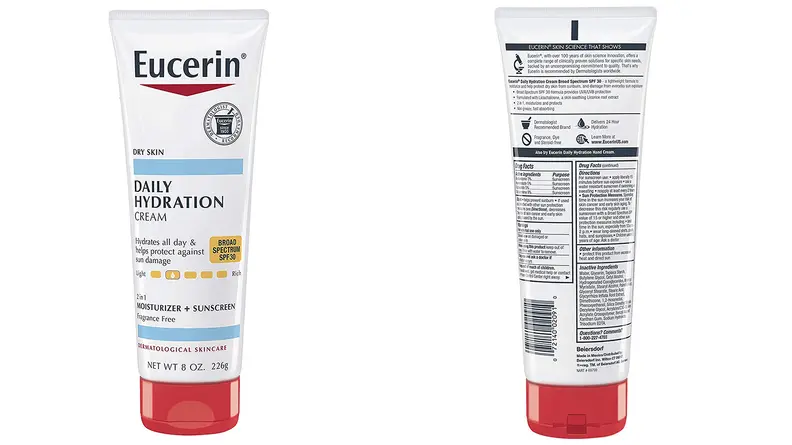 On the left: The Eucerin Daily Hydration Body Cream with SPF 30 sits on a white background. The bottle is white and has a red cap. On the right: The back of the Eucerin Daily Hydration Body Cream with SPF 30 is standing against a white background.