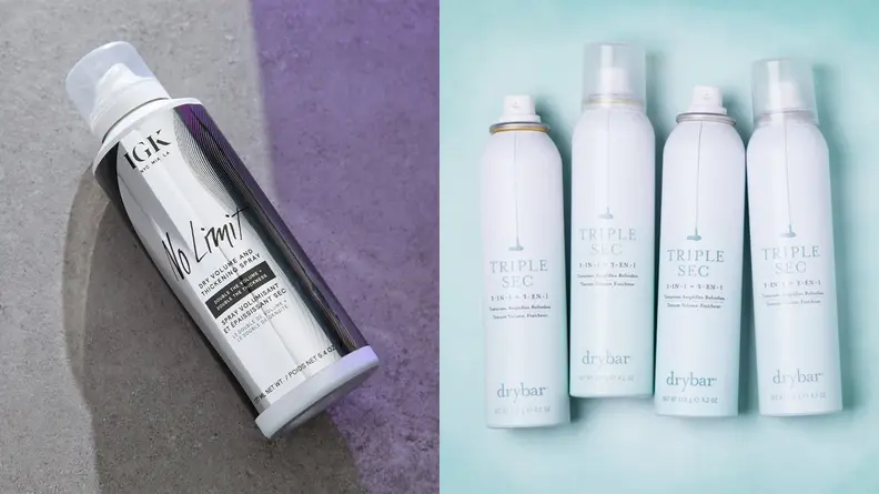 On the left: The IGK No Limit Dry Volume and Thickening Spray bottle laying diagonally across a gray and purple background. On the right: Four bottles of the Drybar Triple Sec 3-in-1 Texturizing Finishing Spray lay in a line across a light blue background.