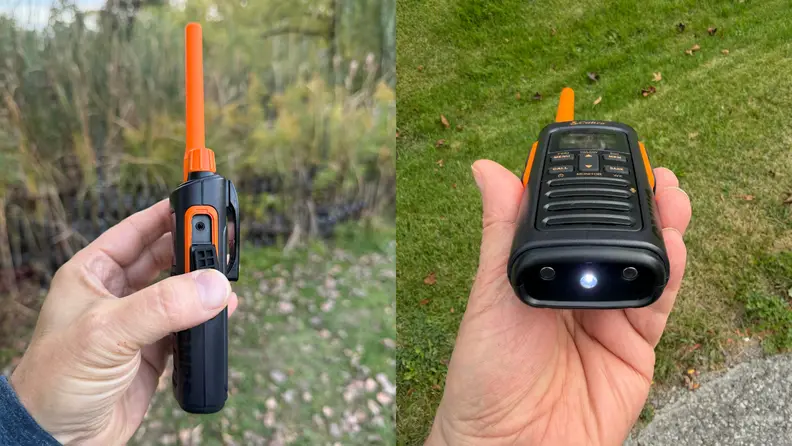 A hand holding the walkie-talkie at two different angles, showing a charging port and a flashlight