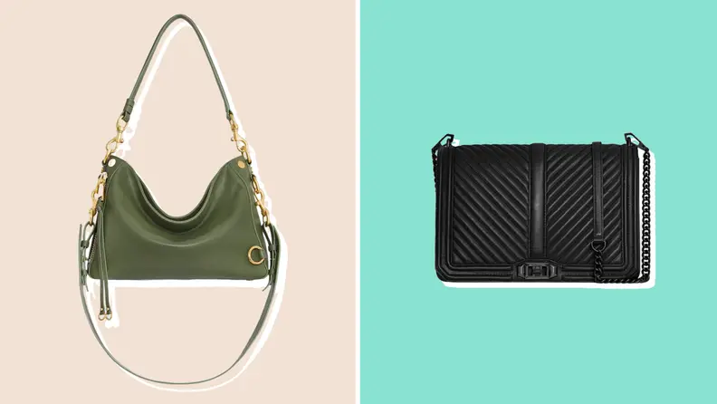 Two Rebecca Minkoff purses in olive green and black in a collage.