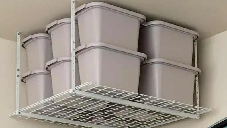 Ceiling storage unit with heavy-duty plastic bins