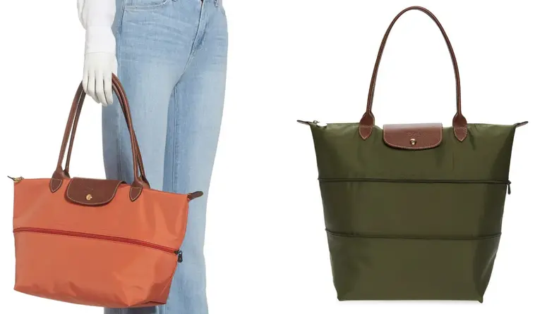On right, woman holding orange Longchamp Le Pliage Expandable Purse in her hand. On right, product shot of olive green Longchamp Le Pliage expandable purse.