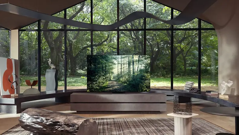 Flatscreen TV with massive glass windows behind it showing greenery