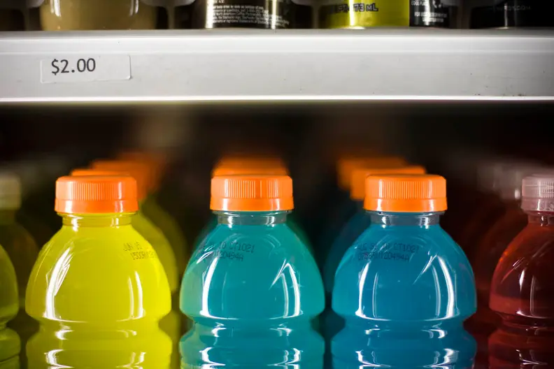 sports drinks on a shelf