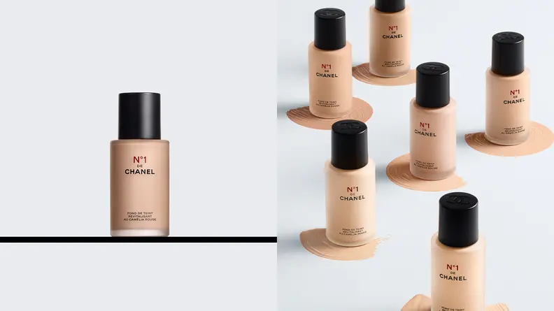 On the left: A single bottle of foundation on a shelf. On the right: Several foundations in light shade colors on a gray background.