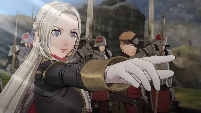 A white haired teenaged girl points toward the camera, leading troops into battle.