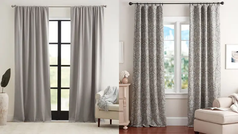 A split image of silver curtains from Pottery Barn, one of the best places to buy curtains online.