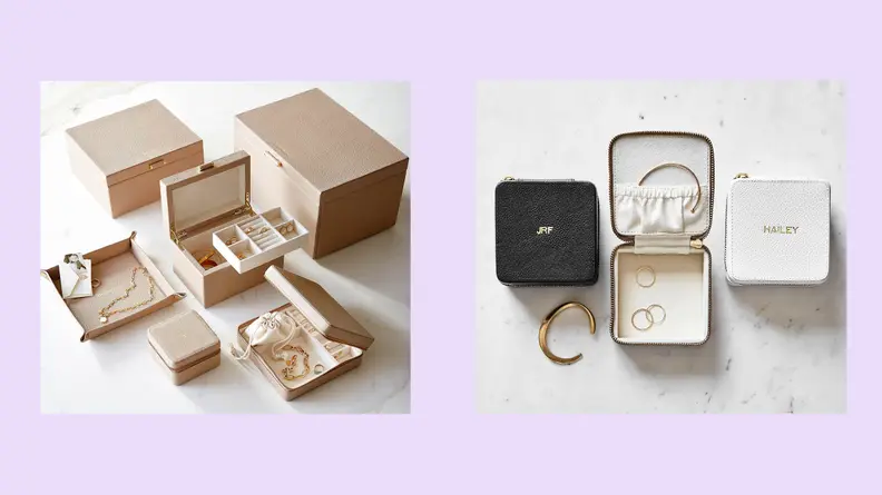 Several storage boxes featured in different sizes and colors with jewelry shown inside.