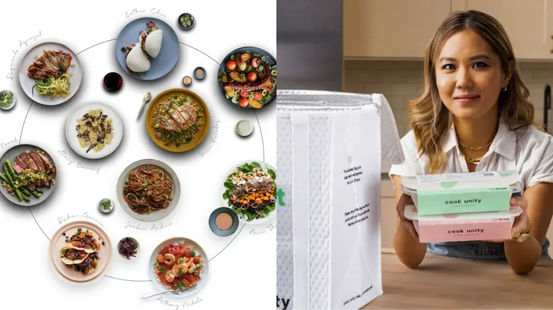 On left, assorted CookUnity meals on dishes. On right, person smiling while leaning on counter holding CookUnity containers