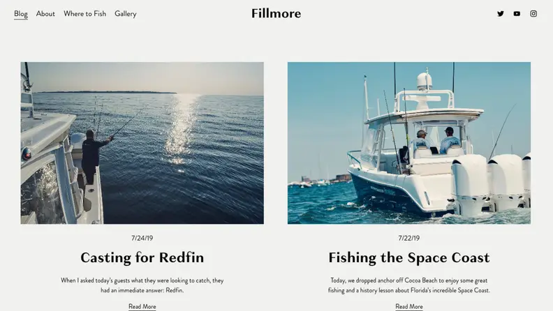 A clean fishing blog layout built with Squarespace, showing how gifting custom websites can make thoughtful personalized holiday gifts.