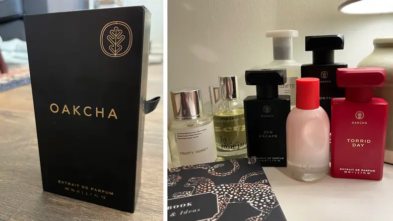 A closed box of Oakcha perfume, and a photograph of multiple perfume bottles on a white tabletop.