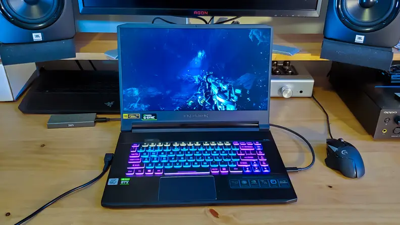 A shot of the laptop, showing its display and keyboard