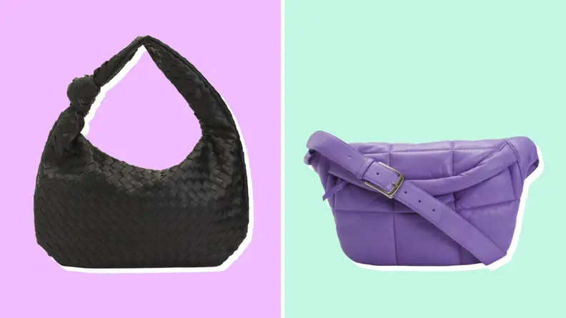 Two purses sold at TJ Maxx against purple and light green backgrounds