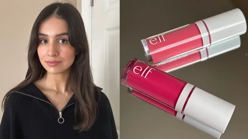 Portrait of a woman wearing E.L.F. Cosmetics' Camo Liquid Blush next to a photo of two liquid blushes against a mirror.