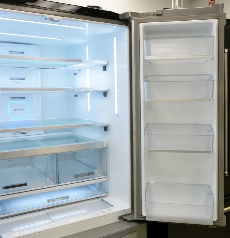 This fridge has plenty of gallon-deep door bins, but most have so little vertical clearance that they might not be useful for storing large items.