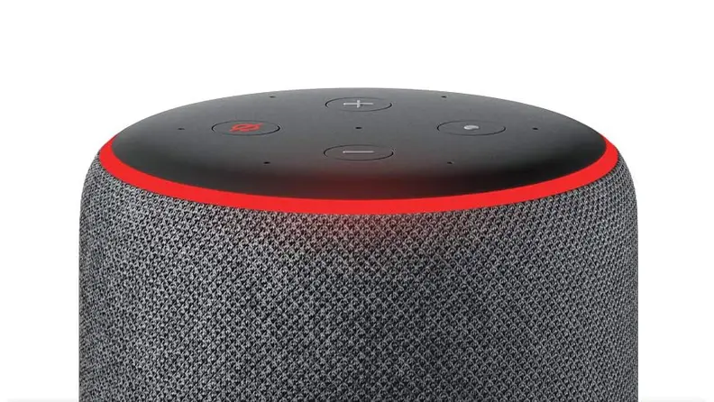 The top of an Amazon Echo speaker with the red light ring illuminated