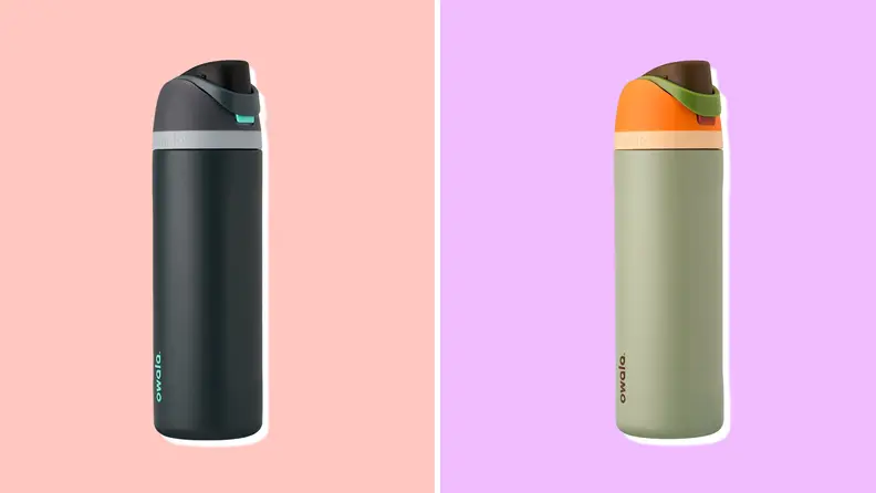 A black Owala FreeSip water bottle on the left and a green Owala FreeSip water bottle on the right.