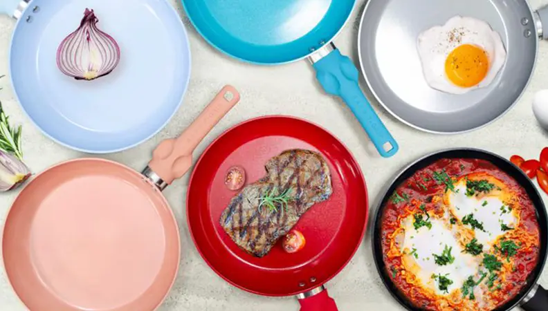 assorted pans in different colors with eggs
