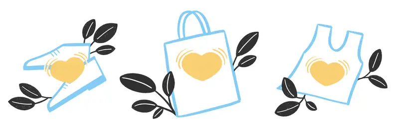 An illustration of a pair of shoes, a tote bag, and a tank top.
