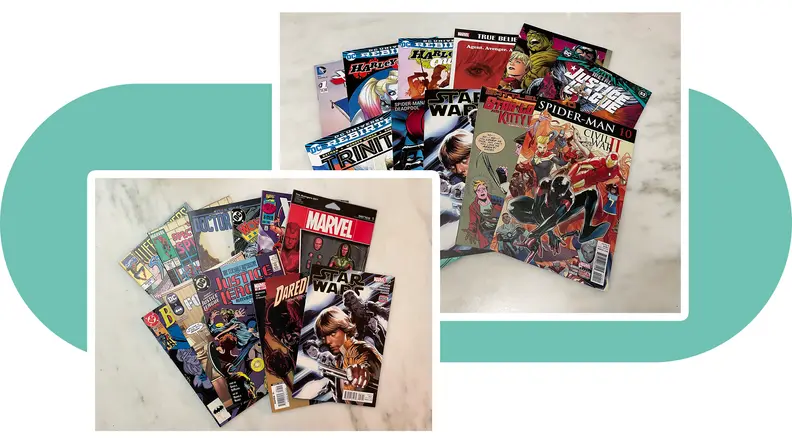 Piles of assorted comic books.