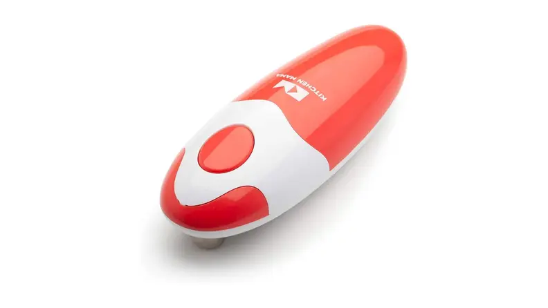A red and white electric can opener on a white background.
