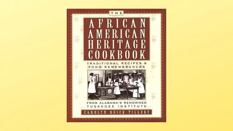 The African American Heritage Cookbook cover on a yellow background.