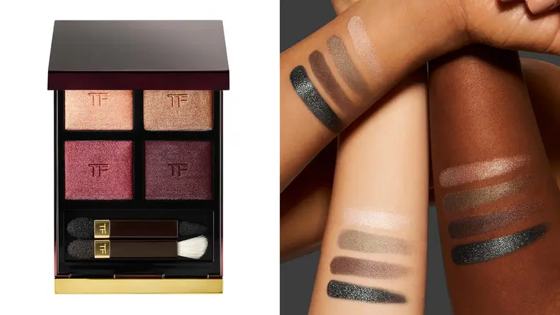 On left, multi-colored eye shadow palette from Tom Ford. On right, multi-colored swatches on three arms of different skin tones.