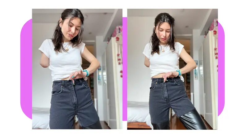 Person fastening button on the Abercrombie Mixed Fabric Ultra High Rise 90s Straight Jean.