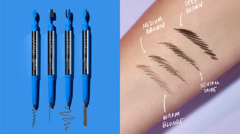 On the left: Four tubes of the Item Beauty Brow Chow eyebrow pencil lay uncapped on a blue background. On the right: An arm is stretched out with four shades of the Brow Chow swatched onto the arm and made to look like eyebrows.