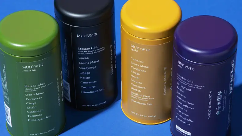 Four containers of Mud/Wtr in the colors green, black, yellow, and blue.