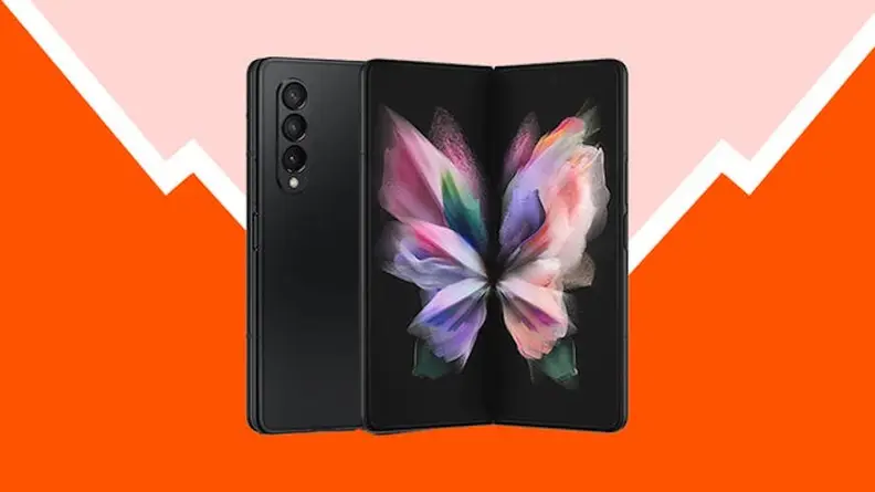 Image of Samsung smartphone against an orange/pink background