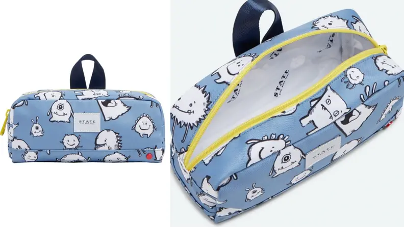 Two product shot of pastel blue and white monster-themed pencil case.