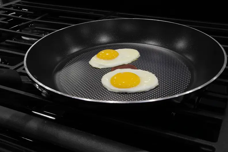 Eggs in pan on rangetop