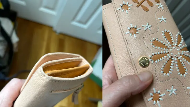 Close ups of Radley London wallets showing how the leather has worn over three months.