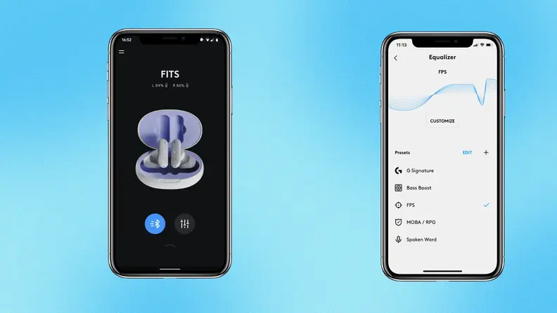 Two smartphone renders featuring screenshots of the Logitech G Fits app.