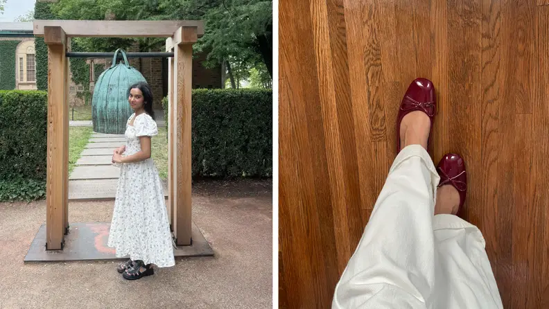 cider dress and red flats